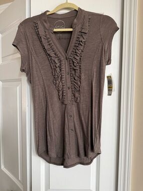INC International Concepts Taupe Ruffle-Front Button Down Top